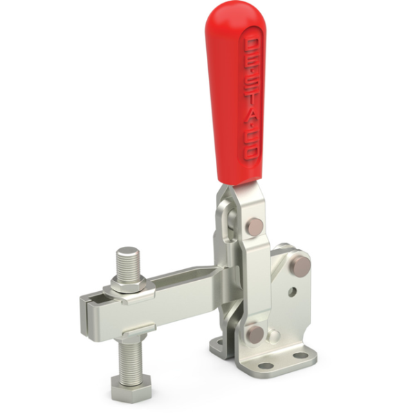 Vertikal-Kniehebelspanner U-Spannarm, Fuß abgewinkelt, Edelstahlausführung, Spannarm Öffnungswinkel