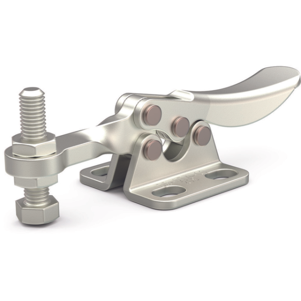 Horizontal-Kniehebelspanner, massiver Spannarm, Edelstahlausführung, Fuß abgewinkelt, Max. Haltekraf