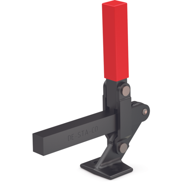 Vertikal-Kniehebelspanner, massiver Spannarm, Fuß abgewinkelt, Spannarm Öffnungswinkel 180°, Handgri